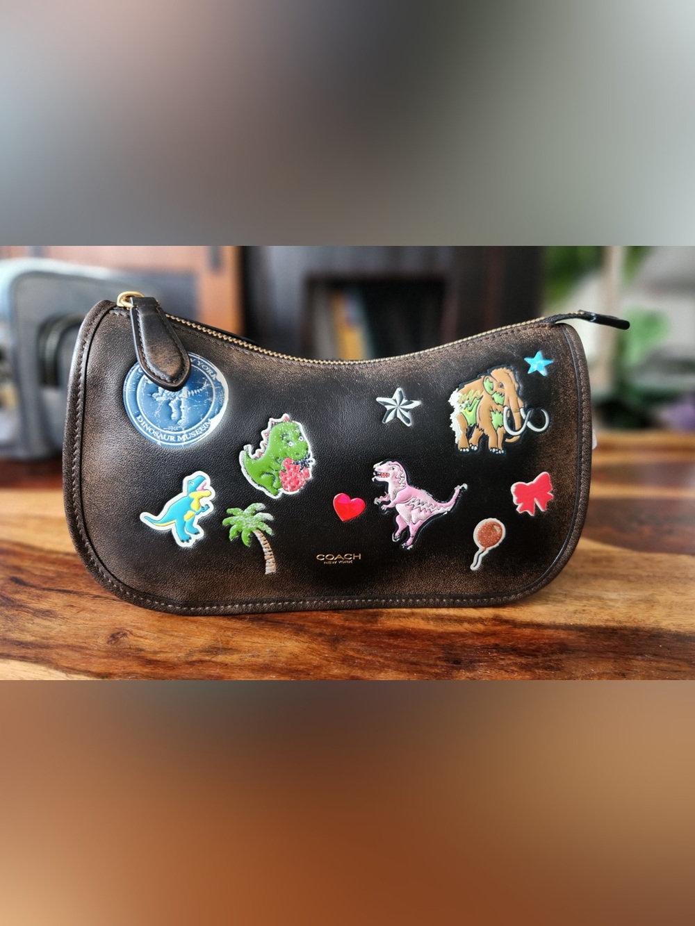 Coach Black Leather Kids Patch Pouch with Colorful Dino & Mammoth Stickers